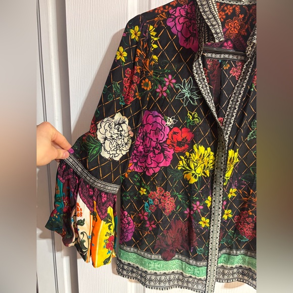 Alice+Olivia Silk Cotton Ruffle Sleeve Floral Collared Colourful Button Down Top - Picture 9 of 14